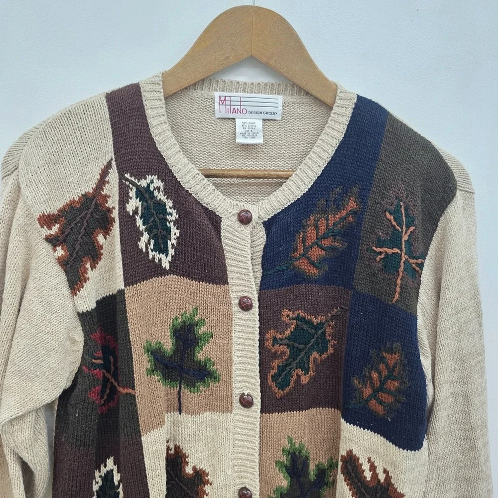 Vintage Milano Womens L Fall‎ Leaf Patchwork Cardigan Sweater Rustic Earthy Knit